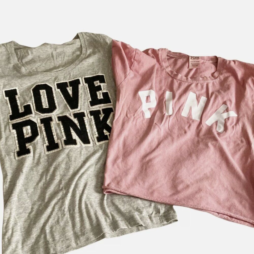 Victoria's secret 2 Top lot Crop Pink Gray Logo Patch letters‎ Shirt Tee Blouse